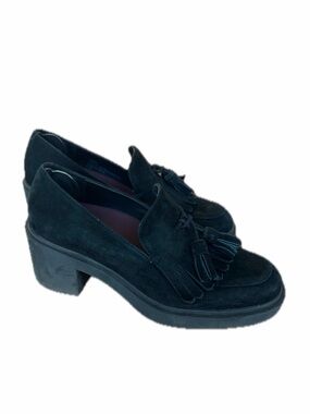 AEROSOLES Black Suede Tassel Block Heel Loafers